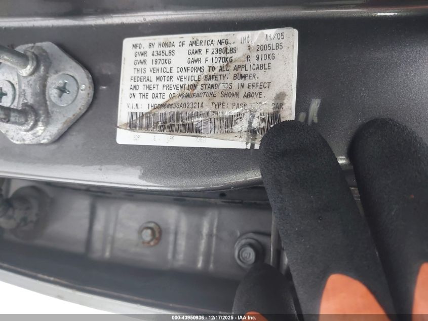 2006 Honda Accord 3.0 Ex VIN: 1HGCM66836A023214 Lot: 43950936