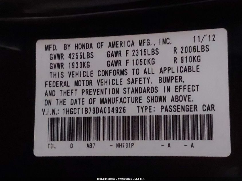 2013 Honda Accord Ex VIN: 1HGCT1B79DA004926 Lot: 43950937