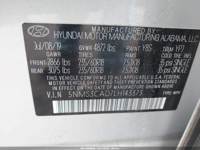 2020 Hyundai Santa Fe Sel VIN: 5NMS3CAD7LH143373 Lot: 43950938