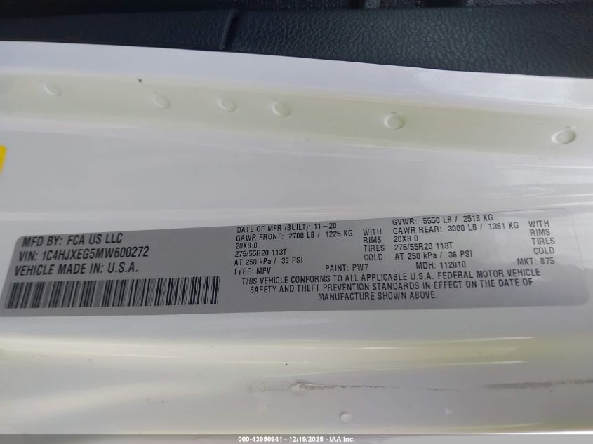 2021 Jeep Wrangler Unlimited High Altitude 4X4 VIN: 1C4HJXEG5MW600272 Lot: 43950941