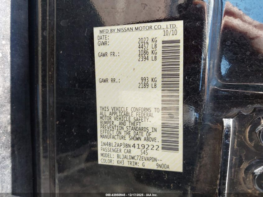 2011 Nissan Altima 3.5 Sr VIN: 1N4BL2AP3BN419222 Lot: 43950945