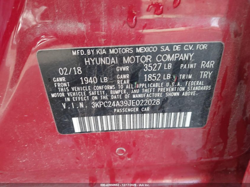 2018 Hyundai Accent Se VIN: 3KPC24A39JE022028 Lot: 43950952