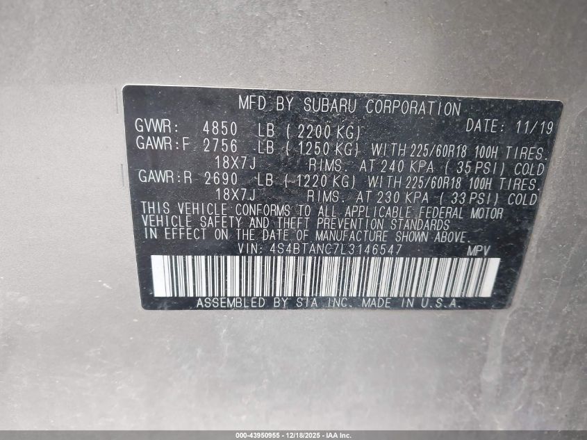 2020 Subaru Outback Limited VIN: 4S4BTANC7L3146547 Lot: 43950955