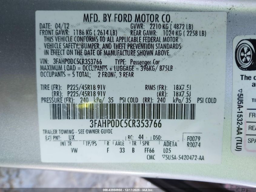 2012 Ford Fusion Sport VIN: 3FAHP0DC5CR353766 Lot: 43950958