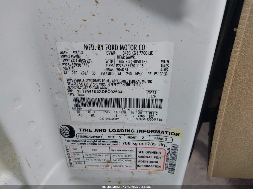 2013 Ford F-150 Lariat VIN: 1FTFW1E6XDFC02634 Lot: 43950959