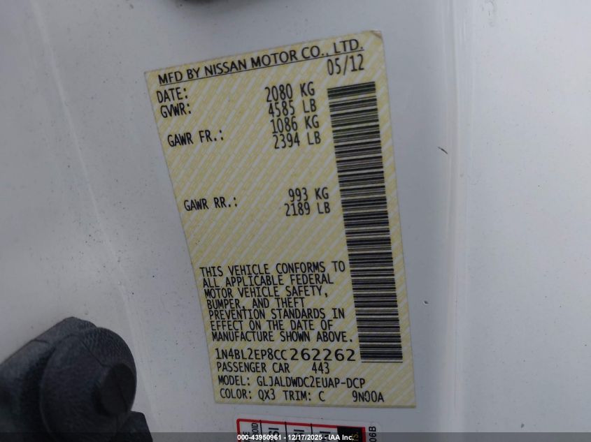 2012 Nissan Altima 3.5 Sr VIN: 1N4BL2EP8CC262262 Lot: 43950961