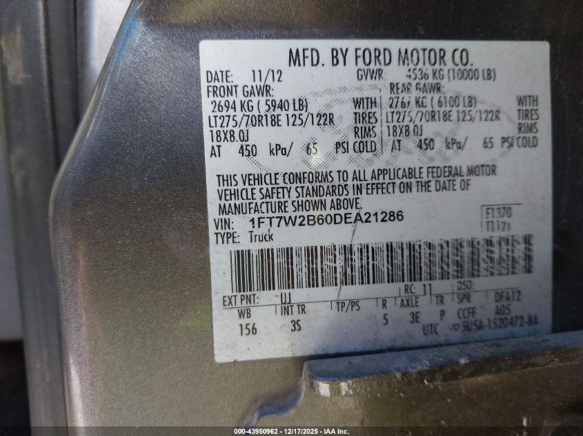 2013 Ford F-250 Xlt VIN: 1FT7W2B60DEA21286 Lot: 43950962