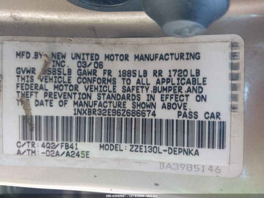 2006 Toyota Corolla Le VIN: 1NXBR32E96Z686674 Lot: 43950967