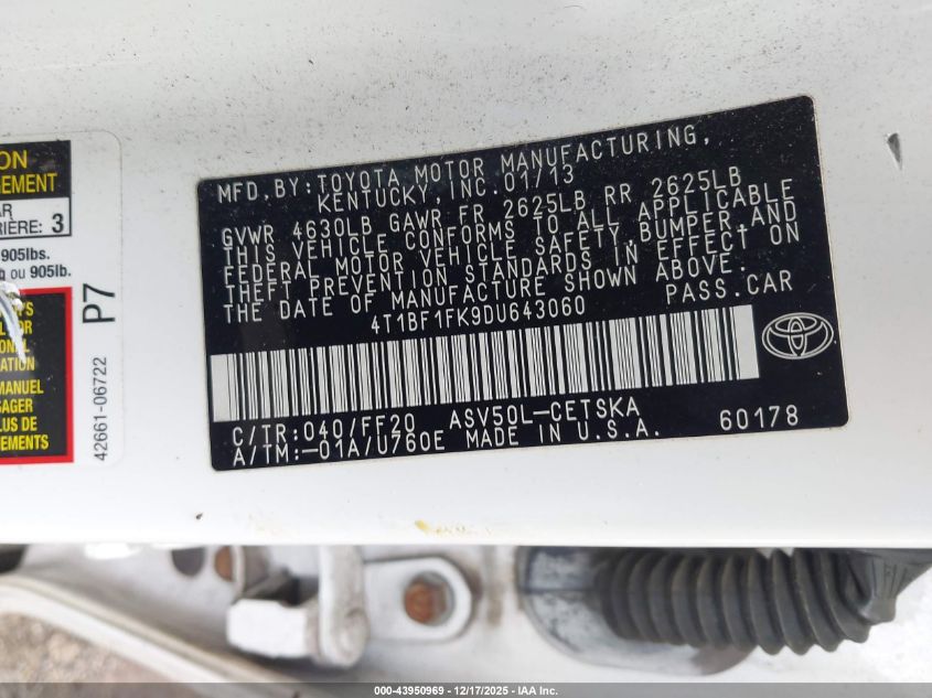 2013 Toyota Camry Se VIN: 4T1BF1FK9DU643060 Lot: 43950969
