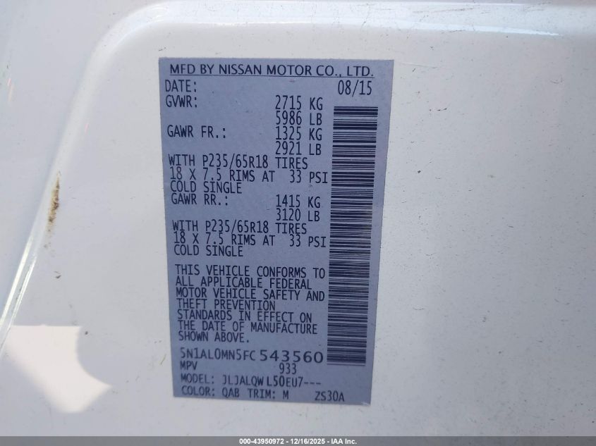 2015 Infiniti Qx60 VIN: 5N1AL0MN5FC543560 Lot: 43950972