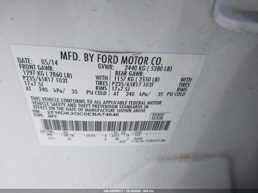 2014 Ford Edge Se VIN: 2FMDK3GC0EBA74646 Lot: 43950973