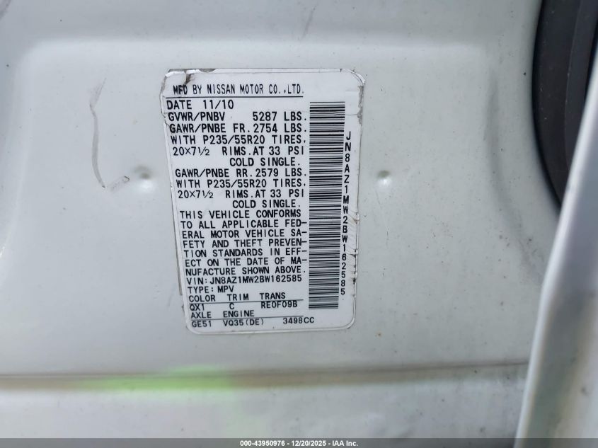 2011 Nissan Murano Le VIN: JN8AZ1MW2BW162585 Lot: 43950976