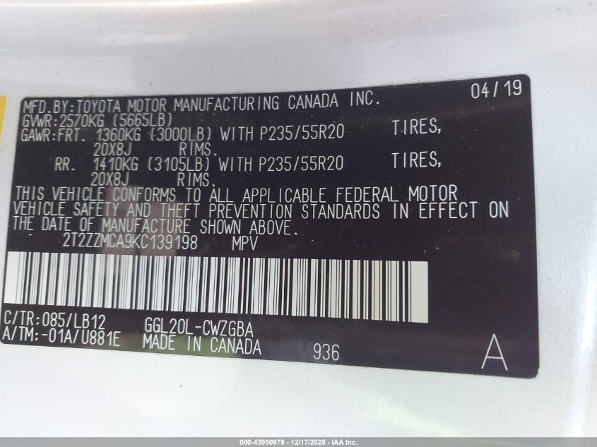 2019 Lexus Rx 350 VIN: 2T2ZZMCA9KC139198 Lot: 43950979