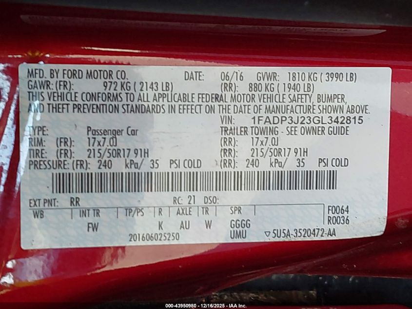 2016 Ford Focus Titanium VIN: 1FADP3J23GL342815 Lot: 43950980