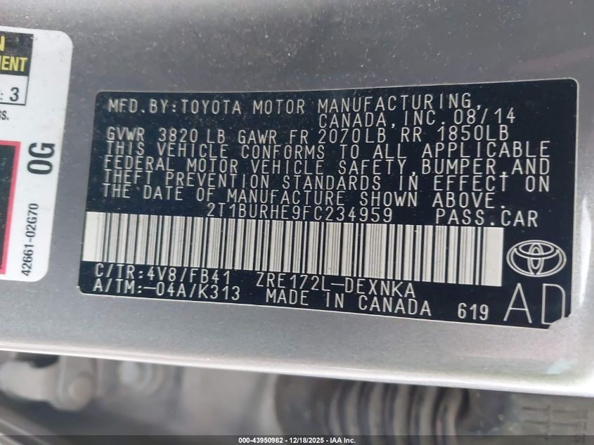 2015 Toyota Corolla Le VIN: 2T1BURHE9FC234959 Lot: 43950982