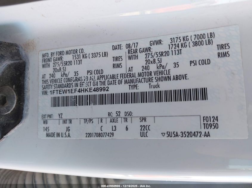 2017 Ford F-150 Xl VIN: 1FTEW1EF4HKE48992 Lot: 43950986