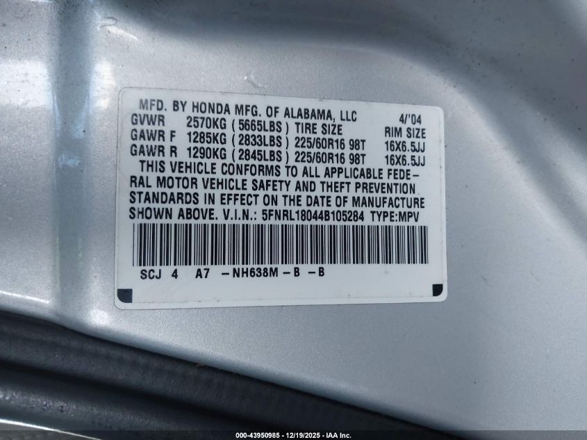 2004 Honda Odyssey Ex-L VIN: 5FNRL18044B105284 Lot: 43950985