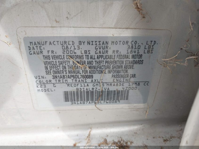 2013 Nissan Sentra Sr VIN: 3N1AB7AP6DL760089 Lot: 43950990