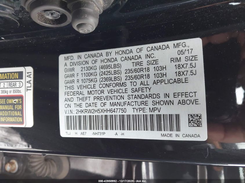 2017 Honda Cr-V Ex VIN: 2HKRW2H5XHH647750 Lot: 43950992
