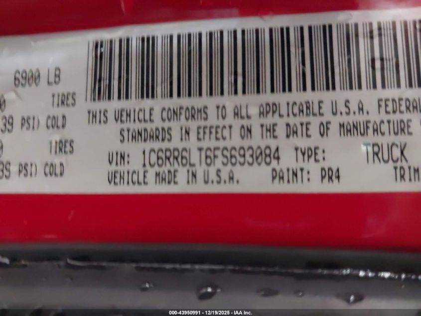 2015 Ram 1500 Big Horn VIN: 1C6RR6LT6FS693084 Lot: 43950991