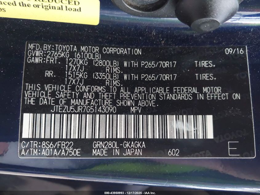 2016 Toyota 4Runner Sr5 VIN: JTEZU5JR7G5143090 Lot: 43950993