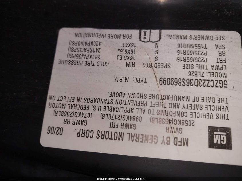 2006 Saturn Vue 4 Cyl VIN: 5GZCZ23D36S869099 Lot: 43950996