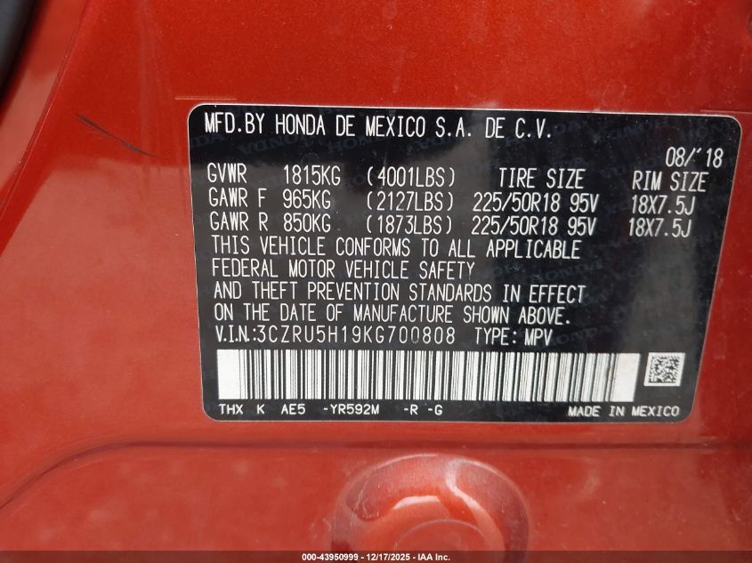 2019 Honda Hr-V Sport VIN: 3CZRU5H19KG700808 Lot: 43950999