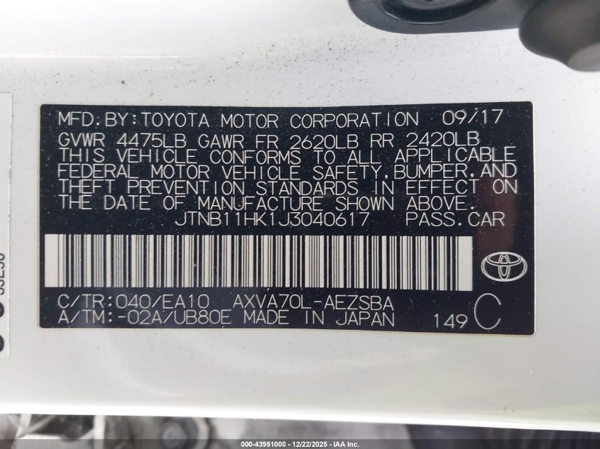 2018 Toyota Camry Se VIN: JTNB11HK1J3040617 Lot: 43951000