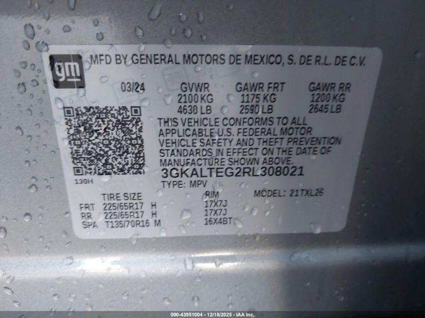 2024 GMC Terrain Awd Sle VIN: 3GKALTEG2RL308021 Lot: 43951004
