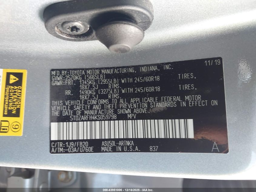 2019 Toyota Highlander Le VIN: 5TDZARFH4KS059798 Lot: 43951006