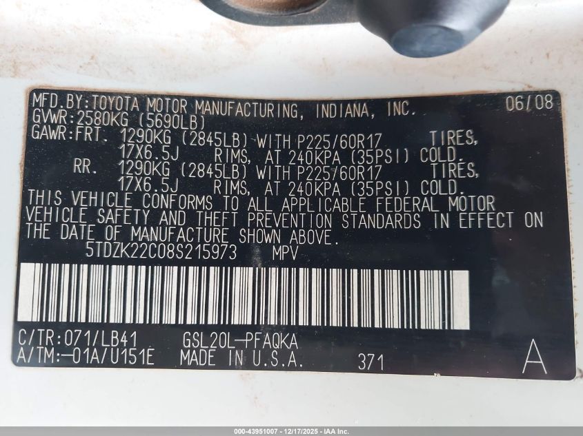 2008 Toyota Sienna Xle VIN: 5TDZK22C08S215973 Lot: 43951007