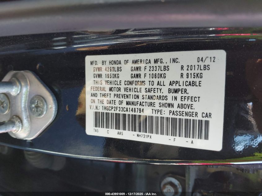 2012 Honda Accord 2.4 Lx VIN: 1HGCP2F33CA148794 Lot: 43951009