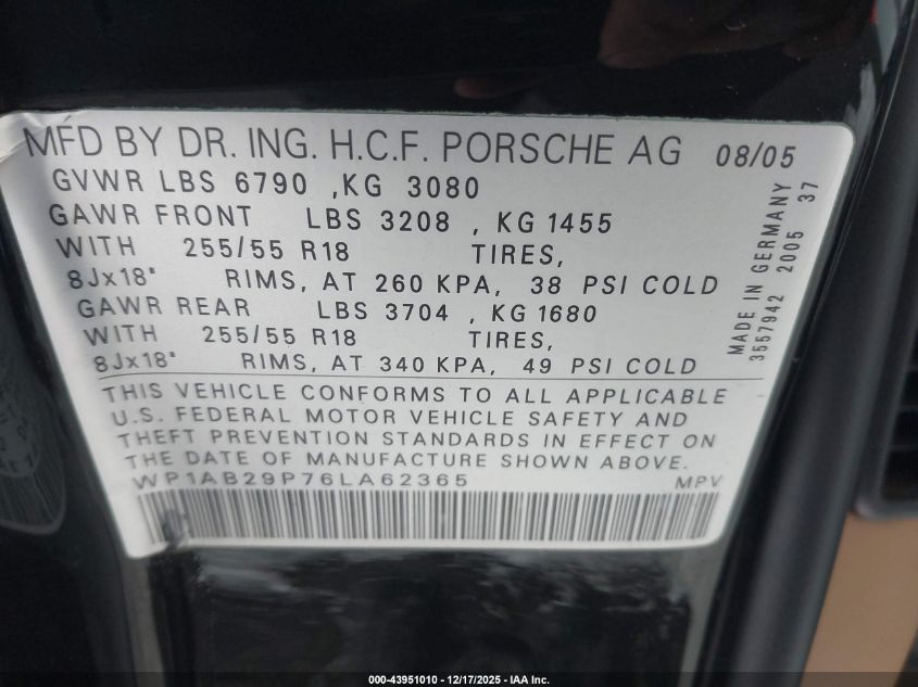 2006 Porsche Cayenne S/S Titanium Edition VIN: WP1AB29P76LA62365 Lot: 43951010