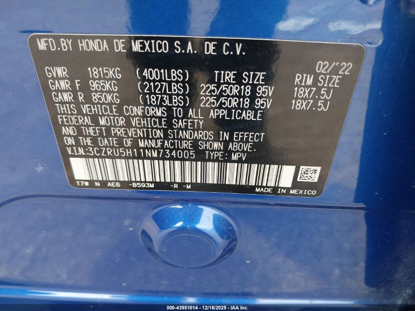 2022 Honda Hr-V 2Wd Sport VIN: 3CZRU5H11NM734005 Lot: 43951014