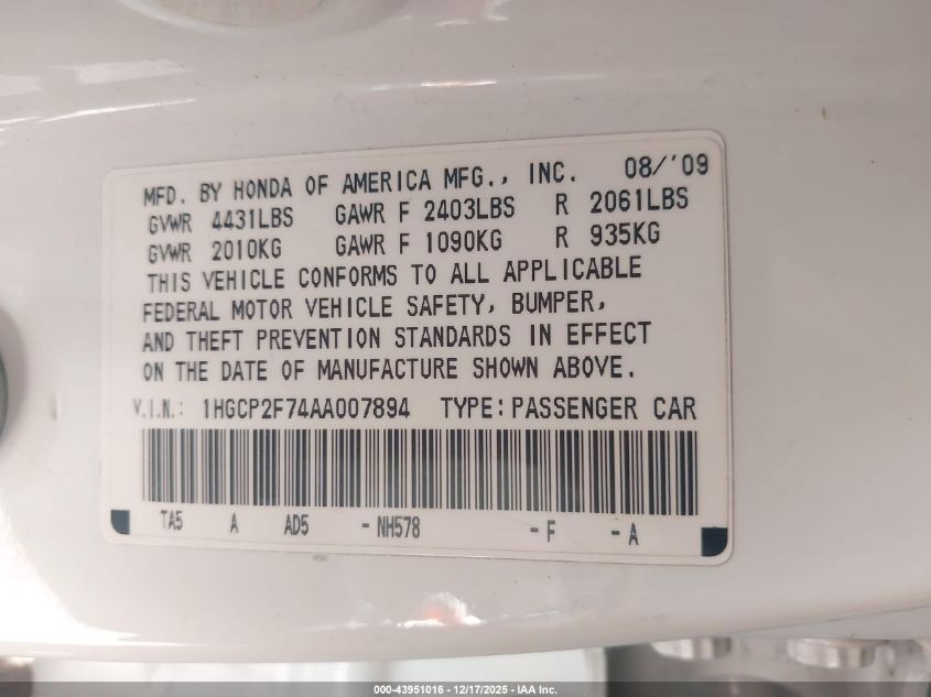 2010 Honda Accord 2.4 Ex VIN: 1HGCP2F74AA007894 Lot: 43951016