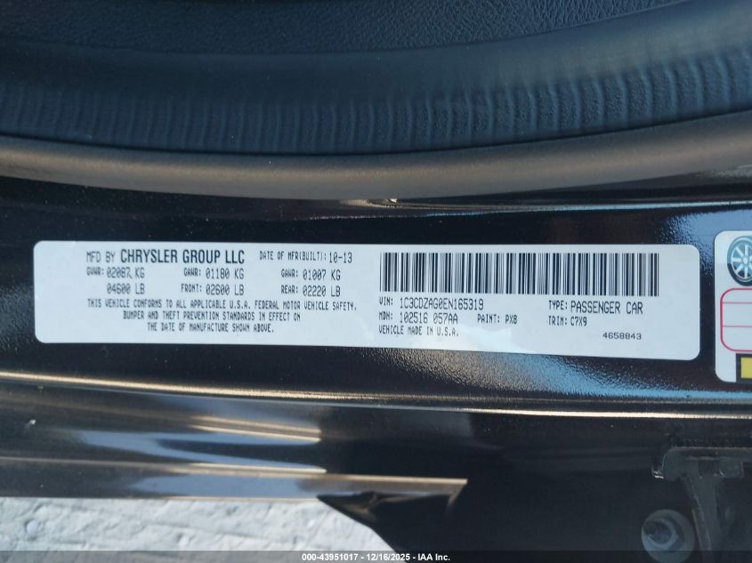 2014 Dodge Avenger Se VIN: 1C3CDZAG0EN165319 Lot: 43951017