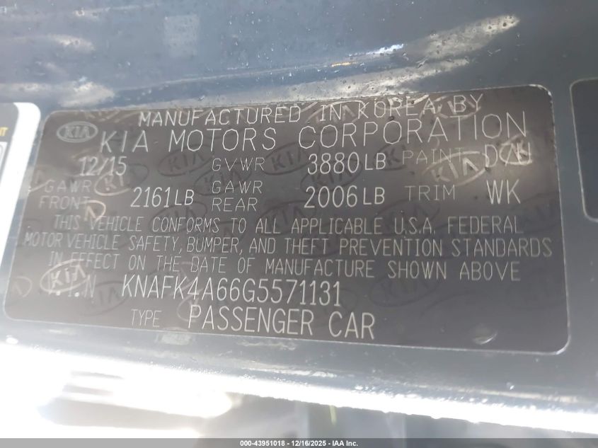 2016 Kia Forte Lx VIN: KNAFK4A66G5571131 Lot: 43951018