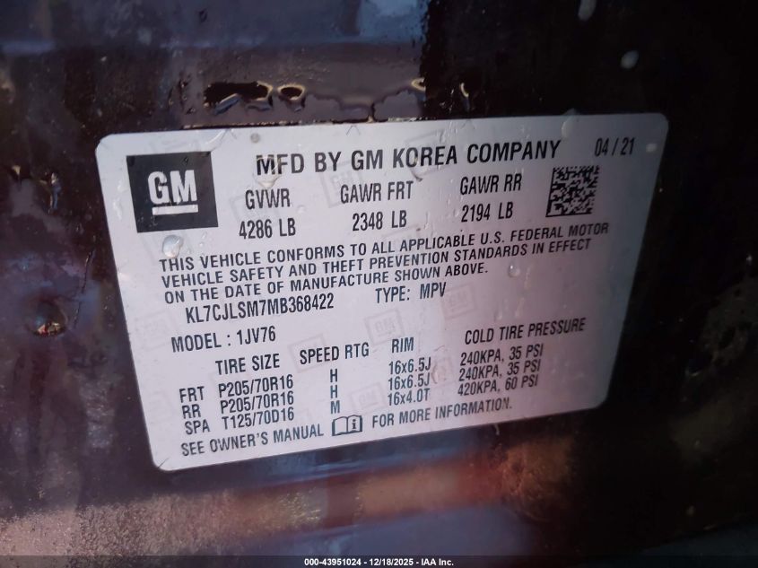 2021 Chevrolet Trax Fwd Lt VIN: KL7CJLSM7MB368422 Lot: 43951024