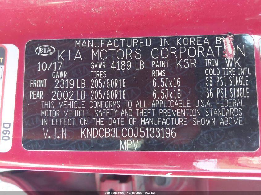 2018 Kia Niro Lx VIN: KNDCB3LC0J5133196 Lot: 43951026