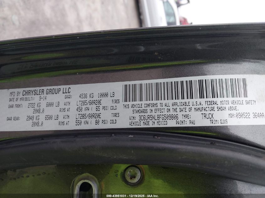 2015 Ram 2500 Laramie VIN: 3C6UR5NL8FG509806 Lot: 43951031