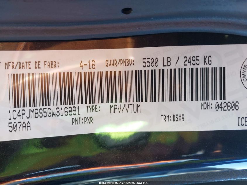 2016 Jeep Cherokee Trailhawk VIN: 1C4PJMBS5GW316891 Lot: 43951035