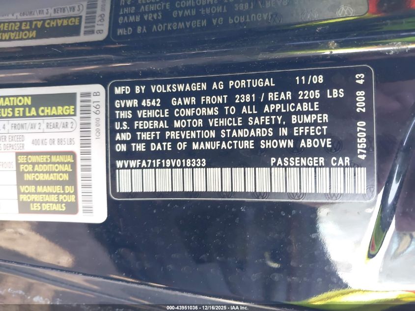 2009 Volkswagen Eos Lux VIN: WVWFA71F19V018333 Lot: 43951036