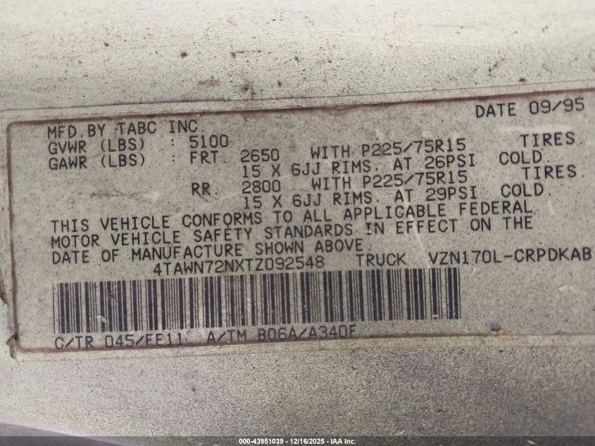 1996 Toyota Tacoma Xtracab VIN: 4TAWN72NXTZ092548 Lot: 43951039