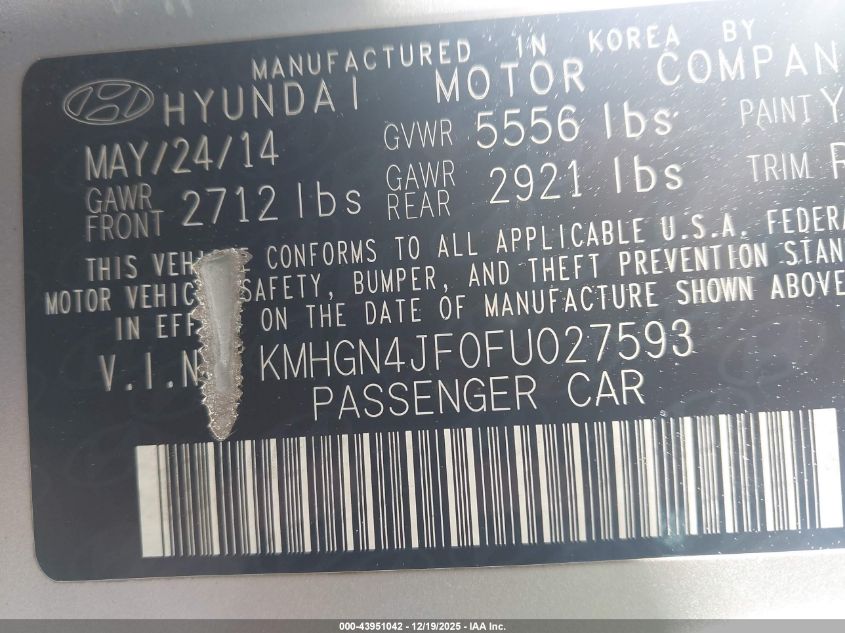 2015 Hyundai Genesis 5.0 VIN: KMHGN4JF0FU027593 Lot: 43951042