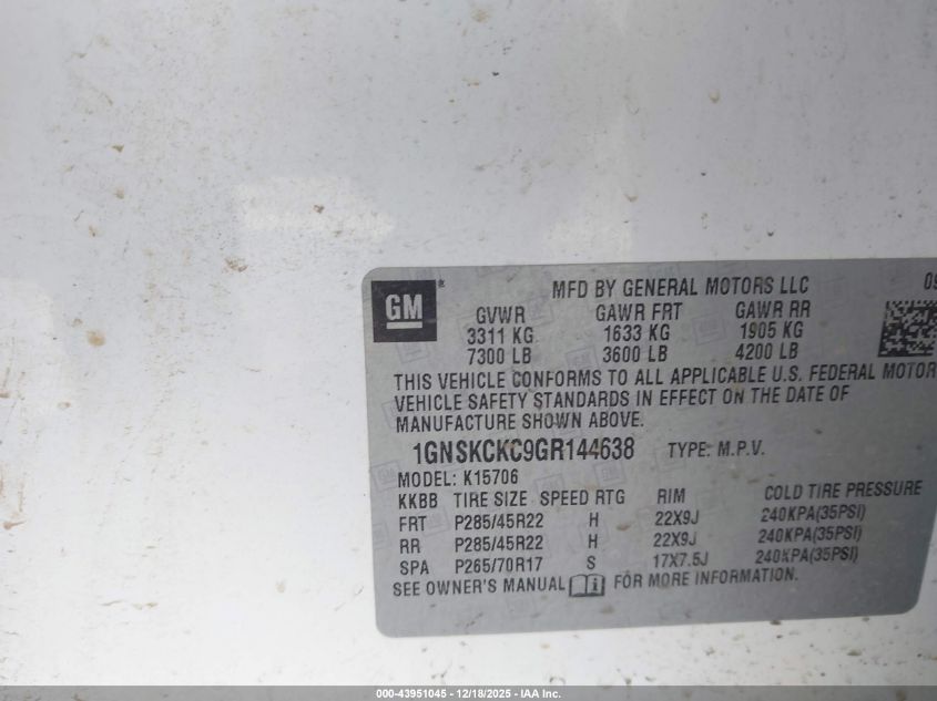 2016 Chevrolet Tahoe Ltz VIN: 1GNSKCKC9GR144638 Lot: 43951045