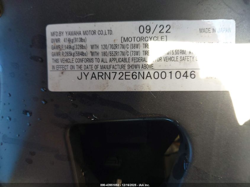 2022 Yamaha Mt09 D VIN: JYARN72E6NA001046 Lot: 43951052