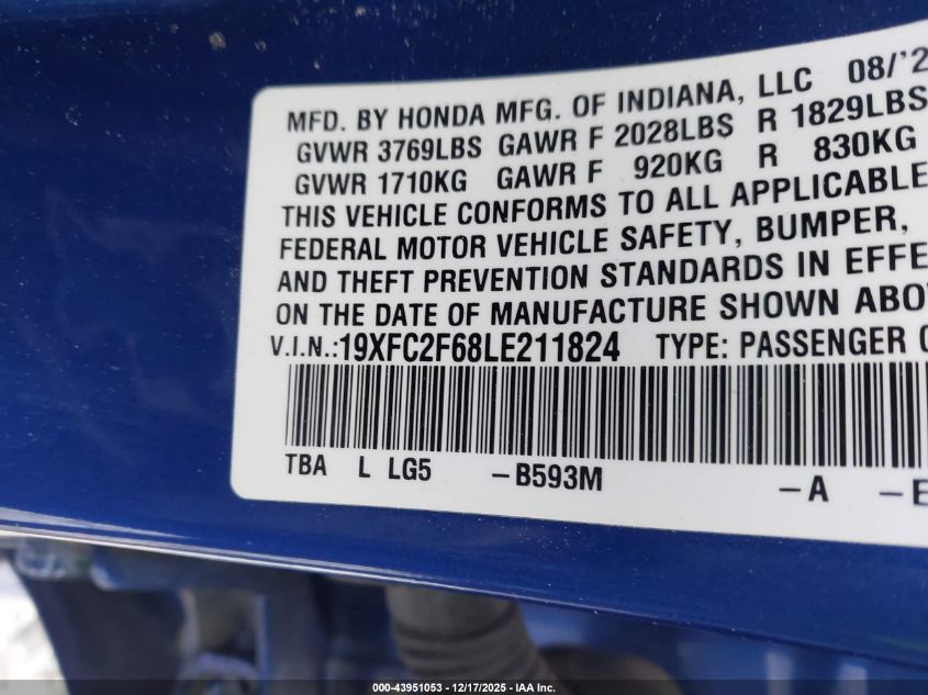 2020 Honda Civic Lx VIN: 19XFC2F68LE211824 Lot: 43951053
