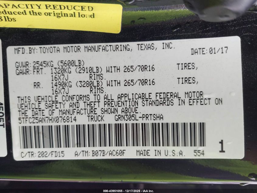 2017 Toyota Tacoma Trd Off Road VIN: 5TFCZ5AN7HX076814 Lot: 43951055