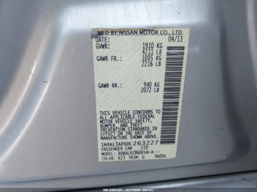 2013 Nissan Altima 2.5 S VIN: 1N4AL3APXDC263227 Lot: 43951057