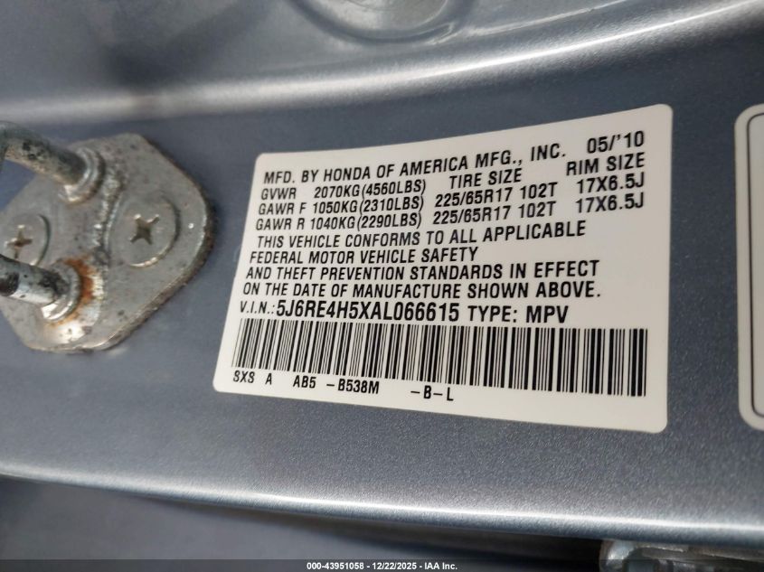 2010 Honda Cr-V Ex VIN: 5J6RE4H5XAL066615 Lot: 43951058